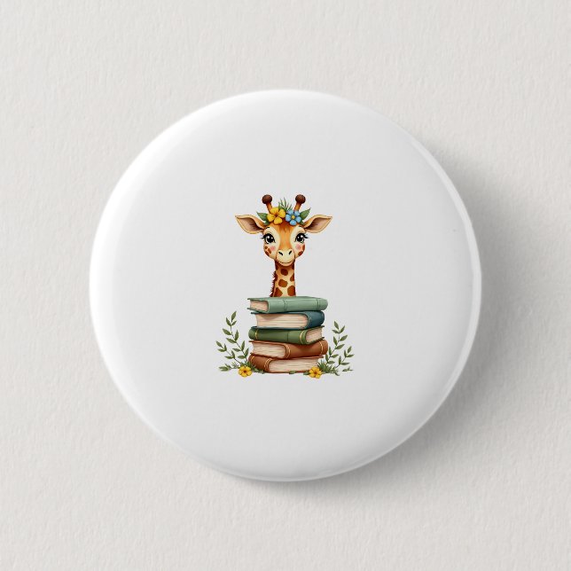 Cute Giraffe With Book Floral Bookworm Librarian B 6 Cm Round Badge (Front)