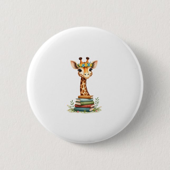 Cute Giraffe With Book Floral Bookworm Librarian B 6 Cm Round Badge (Front)