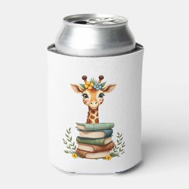 Cute Giraffe With Book Floral Bookworm Librarian B Can Cooler (Can Front)
