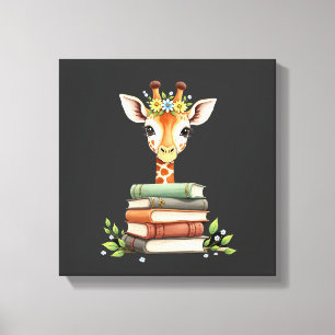 Cute Giraffe With Book Floral Bookworm Librarian B Canvas Print