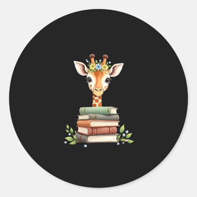 Cute Giraffe With Book Floral Bookworm Librarian B Classic Round Sticker (Front)