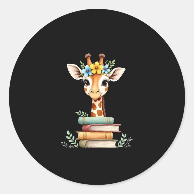 Cute Giraffe With Book Floral Bookworm Librarian B Classic Round Sticker (Front)