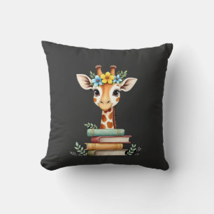 Cute Giraffe With Book Floral Bookworm Librarian B Cushion