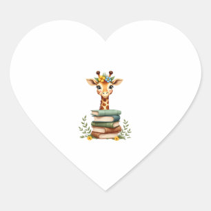 Cute Giraffe With Book Floral Bookworm Librarian B Heart Sticker