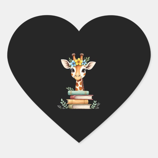 Cute Giraffe With Book Floral Bookworm Librarian B Heart Sticker (Front)