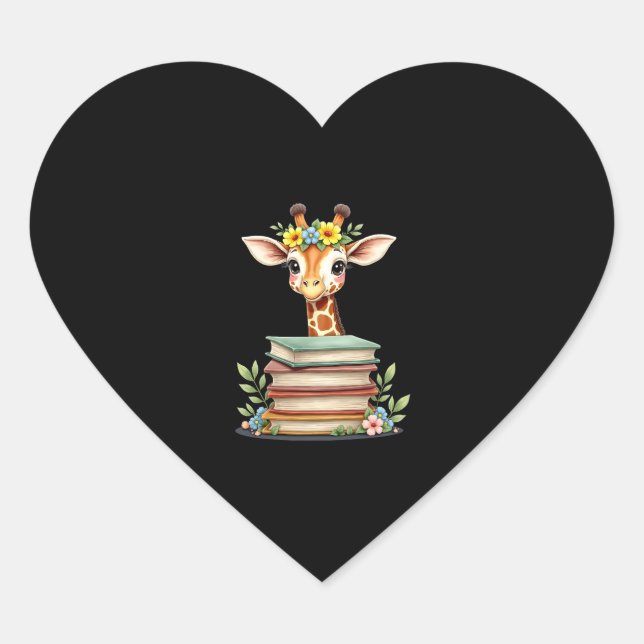 Cute Giraffe With Book Floral Bookworm Librarian B Heart Sticker (Front)