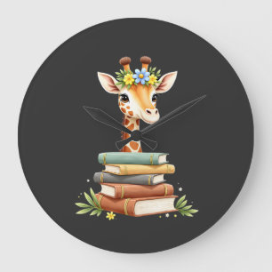Cute Giraffe With Book Floral Bookworm Librarian B Large Clock