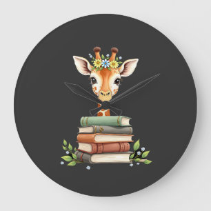 Cute Giraffe With Book Floral Bookworm Librarian B Large Clock