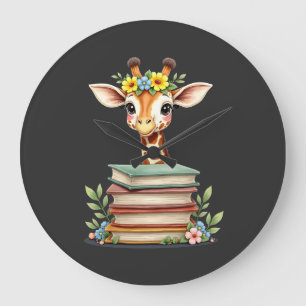 Cute Giraffe With Book Floral Bookworm Librarian B Large Clock