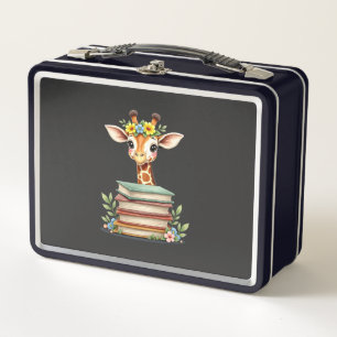 Cute Giraffe With Book Floral Bookworm Librarian B Metal Lunch Box