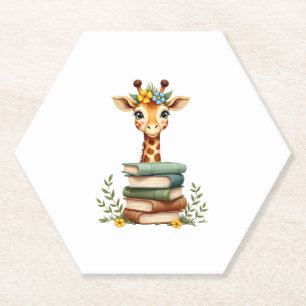 Cute Giraffe With Book Floral Bookworm Librarian B Paper Coaster