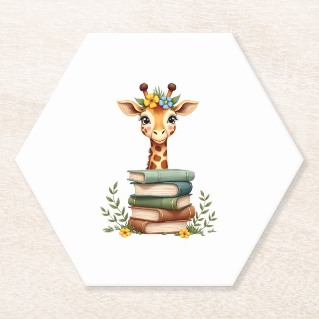 Cute Giraffe With Book Floral Bookworm Librarian B Paper Coaster (Front)