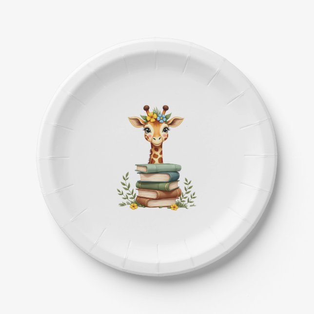 Cute Giraffe With Book Floral Bookworm Librarian B Paper Plate (Front)