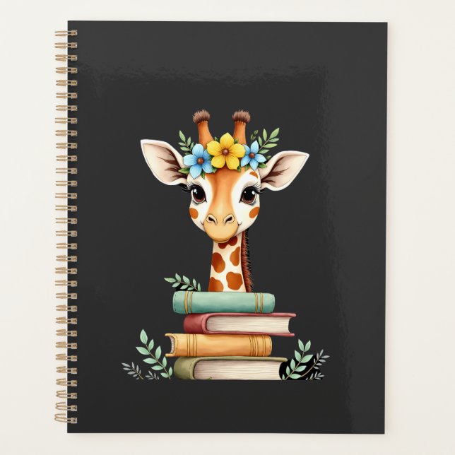 Cute Giraffe With Book Floral Bookworm Librarian B Planner (Front)