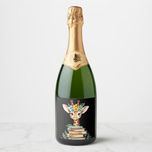 Cute Giraffe With Book Floral Bookworm Librarian B Sparkling Wine Label