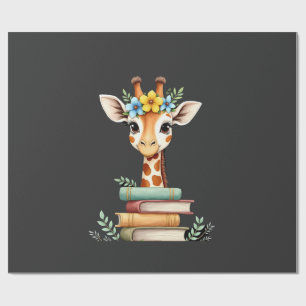 Cute Giraffe With Book Floral Bookworm Librarian B Wrapping Paper