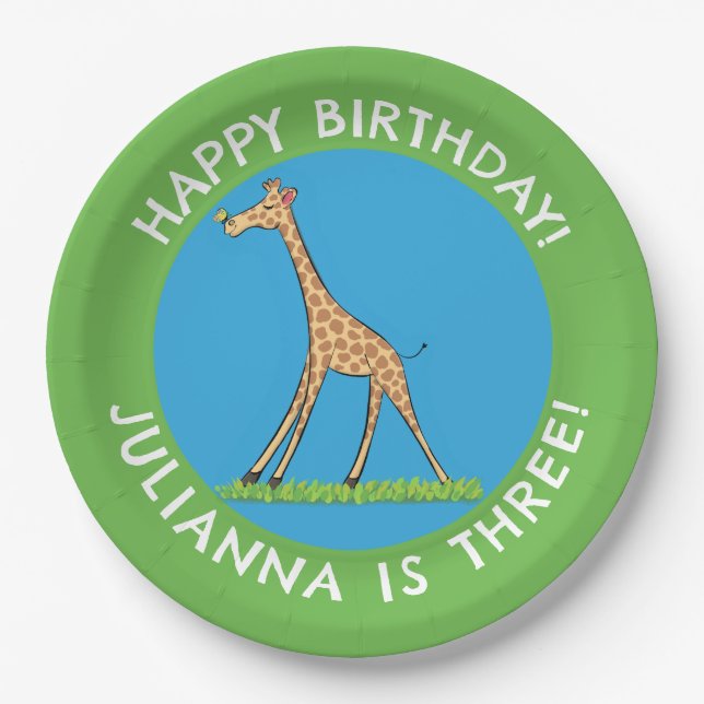 Cute giraffe with butterfly cartoon birthday paper plate (Front)