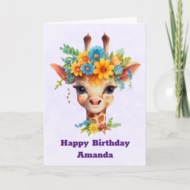 Cute Giraffe with Floral Crown Birthday Card (Front)