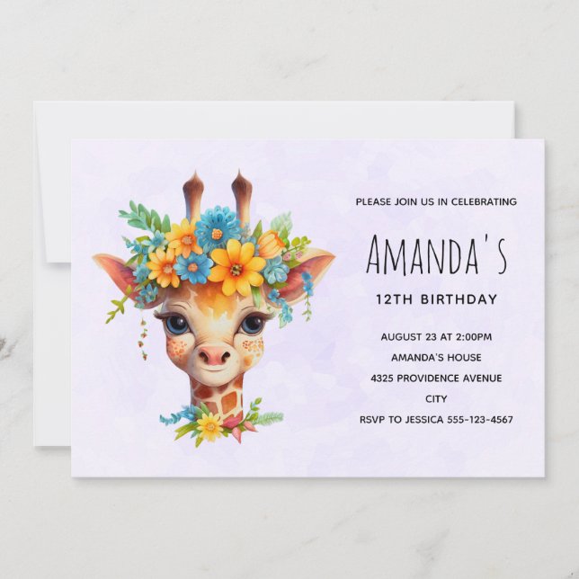 Cute Giraffe with Floral Crown Birthday Invitation (Front)