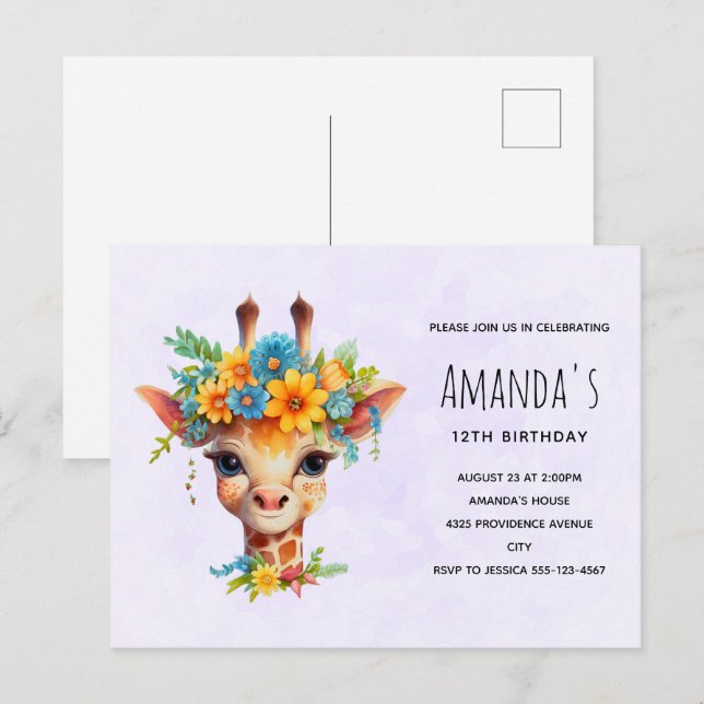 Cute Giraffe with Floral Crown Birthday Invitation Postcard (Front/Back)