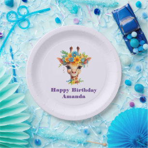 Cute Giraffe with Floral Crown Birthday Paper Plate