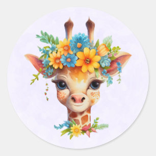 Cute Giraffe with Floral Crown Classic Round Sticker