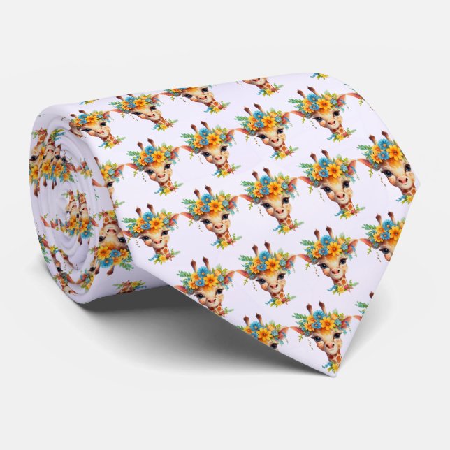  Cute Giraffe with Floral Crown Patterned Tie (Rolled)