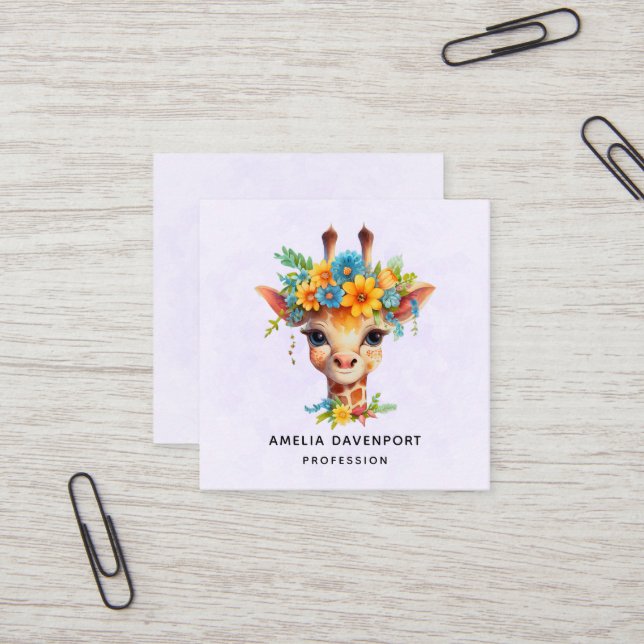 Cute Giraffe with Floral Crown Square Business Card (Front/Back In Situ)