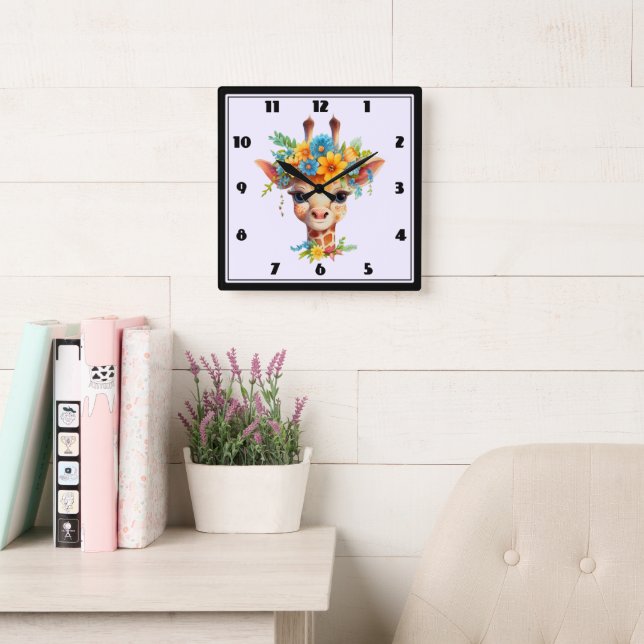 Cute Giraffe with Floral Crown Square Wall Clock (Reading Room)
