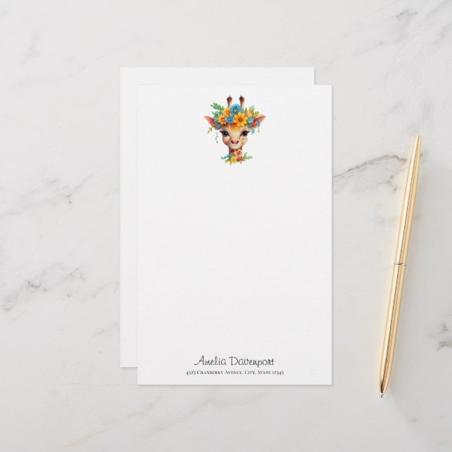 Cute Giraffe with Floral Crown Stationery (Front/Back In Situ)