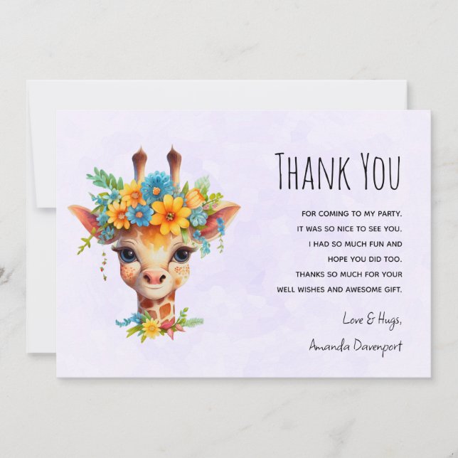 Cute Giraffe with Floral Crown Thank You Card (Front)