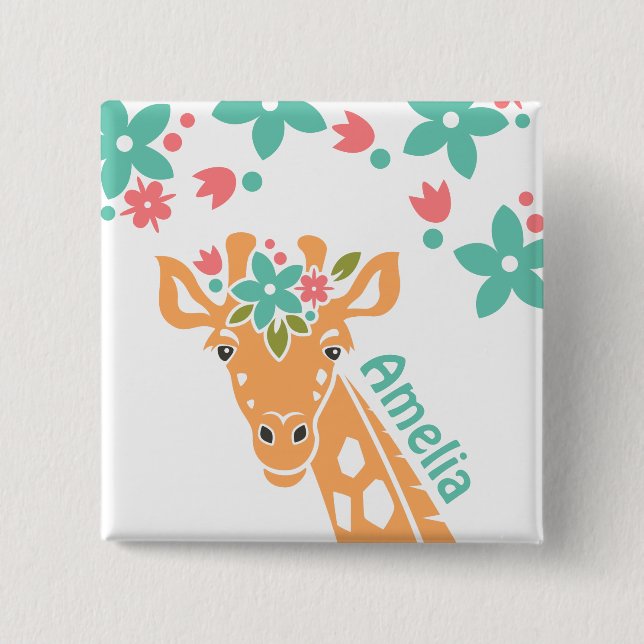 Cute Giraffe with Flower Crown Personalised 15 Cm Square Badge (Front)