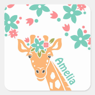 Cute Giraffe with Flower Crown Personalised Square Sticker