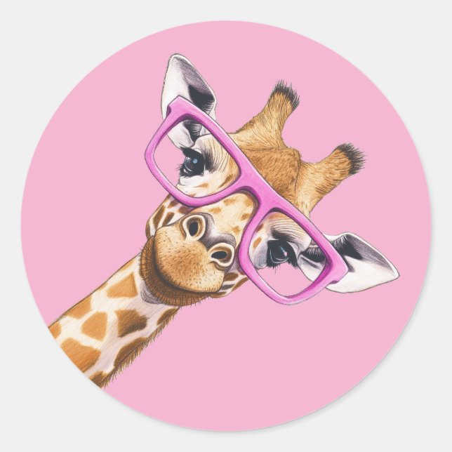 Cute Giraffe with Pink Glasses Aesthetic Sticker (Front)