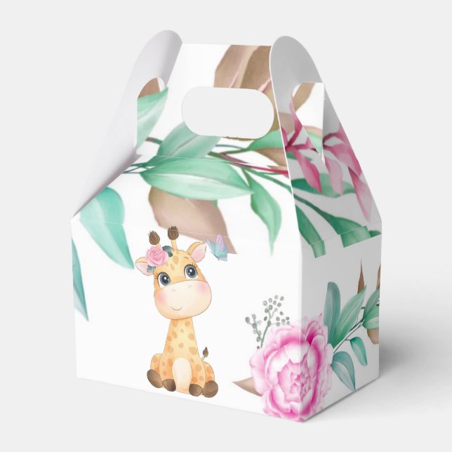Cute Giraffe with Pink Peony Girl Baby Shower  Favour Box (Front Side)