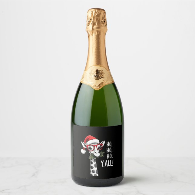 Cute Giraffe With Santa Hat Merry Xmas Giraffe Lov Sparkling Wine Label (Front)