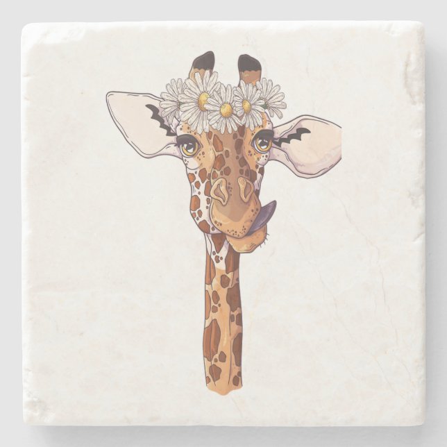 Cute Giraffe With Wreath Daisy Flowers  Stone Coaster (Front)