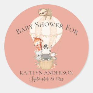 Cute Giraffe Zebra Hot Air Balloon Baby Girl Classic Round Sticker