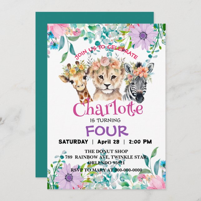 Cute Giraffe Zebra jungle Animals Birthday Floral Invitation (Front/Back)