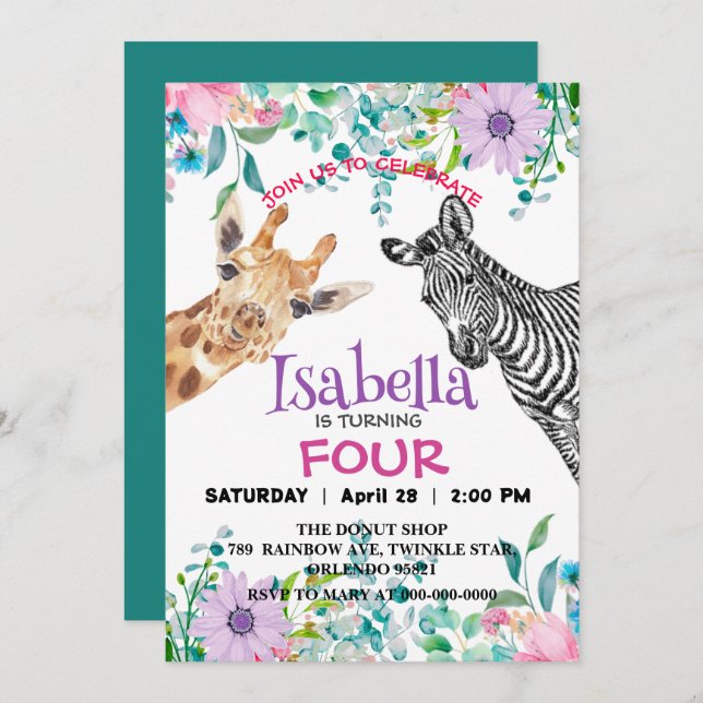 Cute Giraffe Zebra jungle Animals Birthday Flower Invitation (Front/Back)