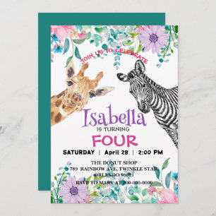 Cute Giraffe Zebra jungle Animals Birthday Flower Invitation