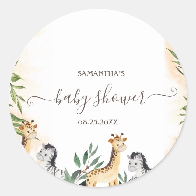 Cute Giraffe,Zebra Leaves Baby Shower   Classic Round Sticker (Front)