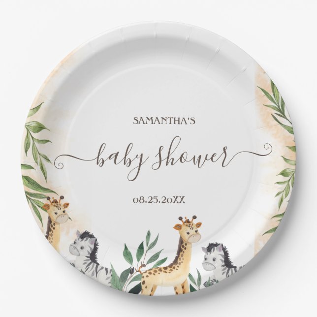 Cute Giraffe,Zebra Leaves Baby Shower Paper Plate (Front)