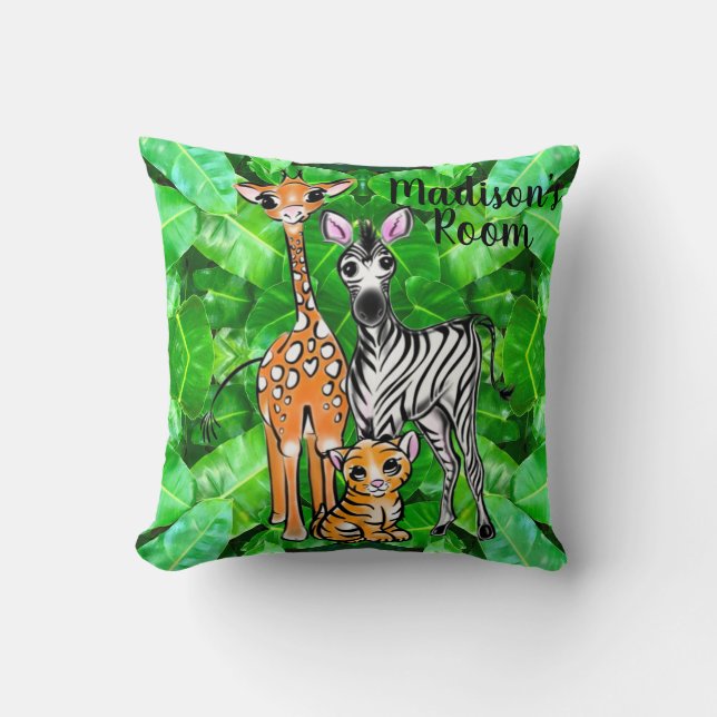 Cute giraffe zebra tiger jungle friends cushion (Front)