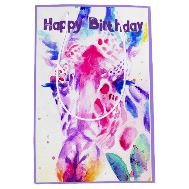 Cute Giraffe Zoo Animal Pattern Watercolor Medium Gift Bag (Front)