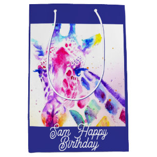 Cute Giraffe Zoo Animal Pattern Watercolor Medium Gift Bag