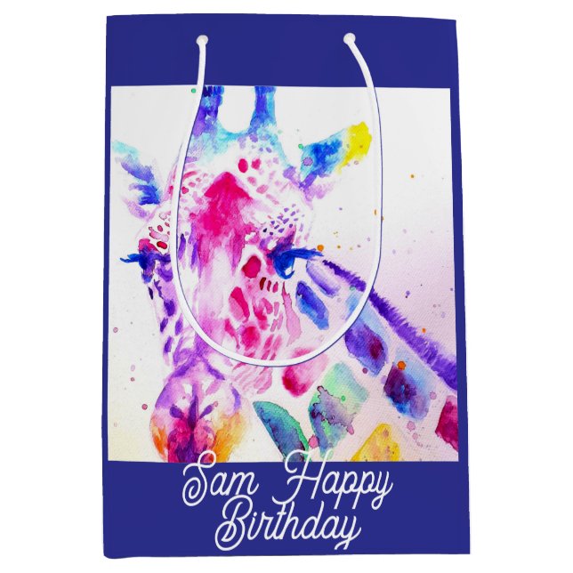 Cute Giraffe Zoo Animal Pattern Watercolor Medium Gift Bag (Front)
