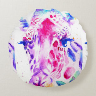 Cute Giraffe Zoo Animal Pattern Watercolor Round Cushion