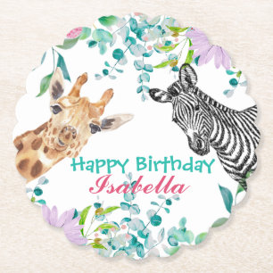cute Giraffe zoo animals jungle Floral Birthday Paper Coaster