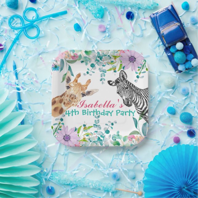 cute Giraffe zoo animals jungle Floral Birthday Paper Plate (Party)